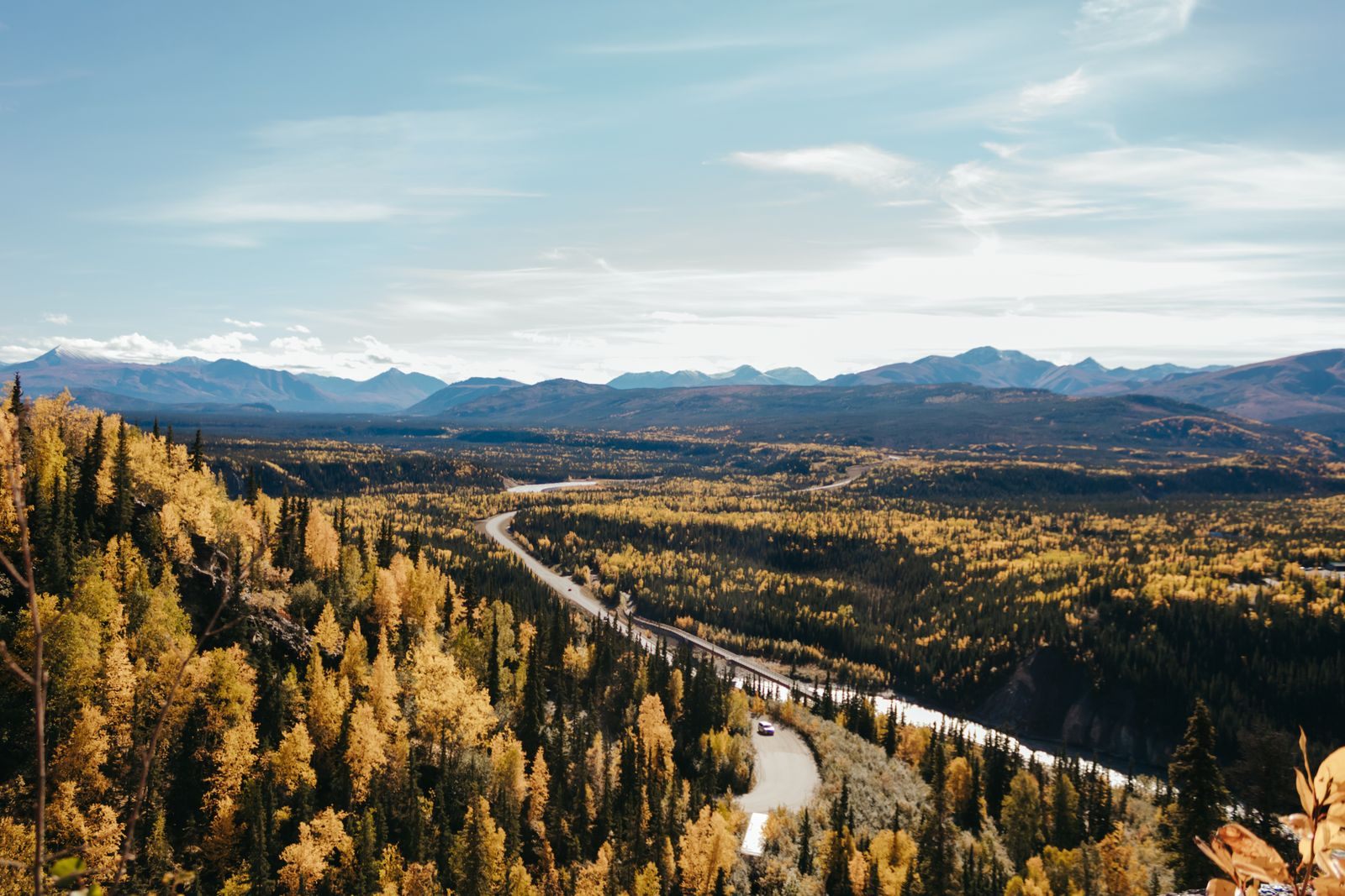 Aerial view of autumn forest and a winding river near Fairbanks, Alaska, sternwheeler Riverboat Discovery country