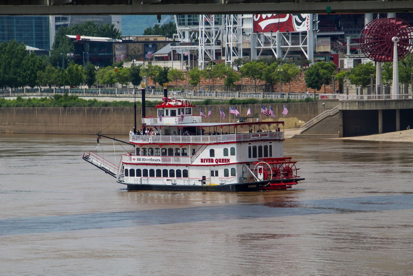 Sternwheel riverboat cruising the Ohio River near Cincinnati